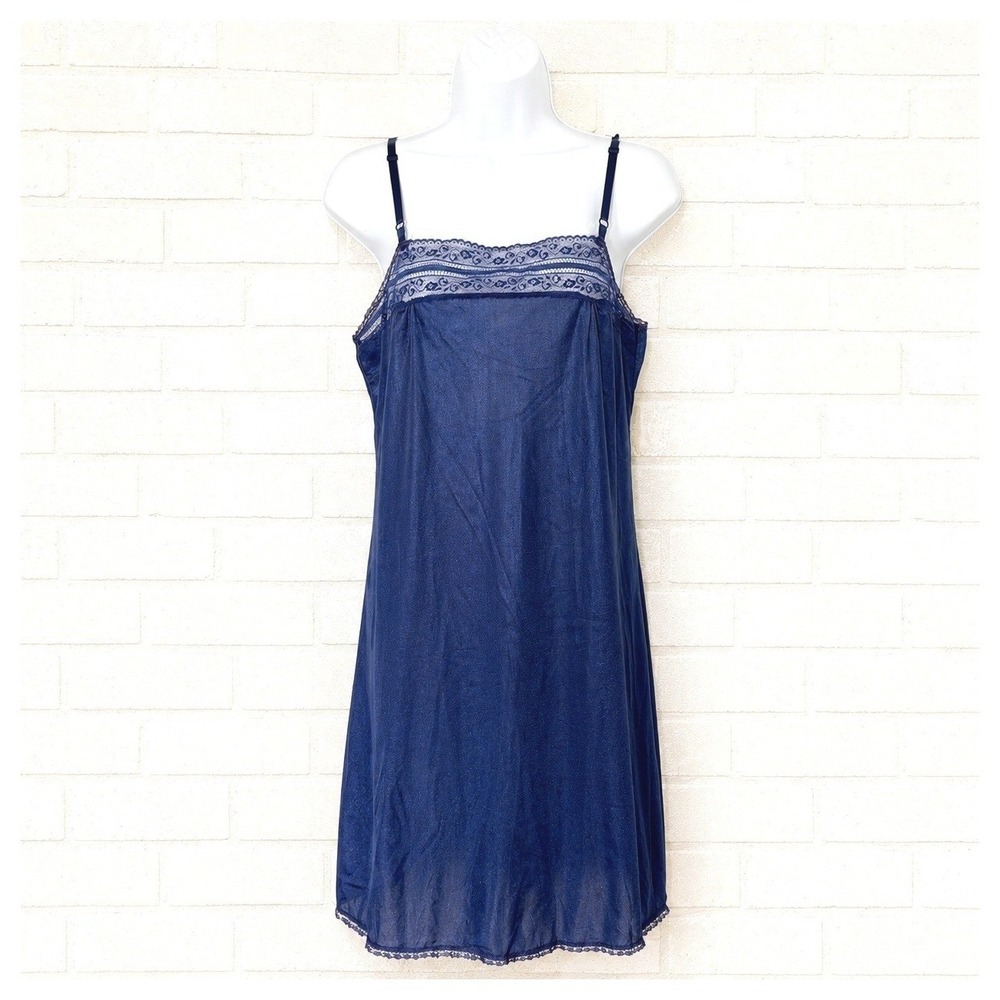 Vintage Navy Lace Trim Slip Dress Size 32 (S) Dark Romantic 90s Chemise Lingerie